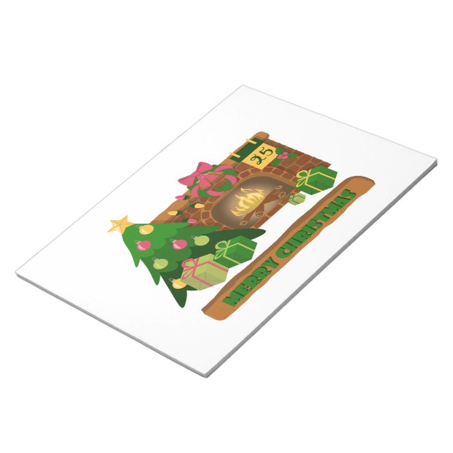 Merry Christmas near fireplace bonfire xmas tree Notepad (Angled)
