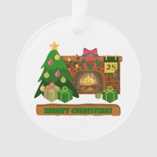 Merry Christmas near fireplace bonfire xmas tree Ornament