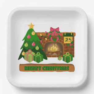 Merry Christmas near fireplace bonfire xmas tree Paper Plate
