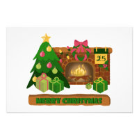 Merry Christmas near fireplace bonfire xmas tree