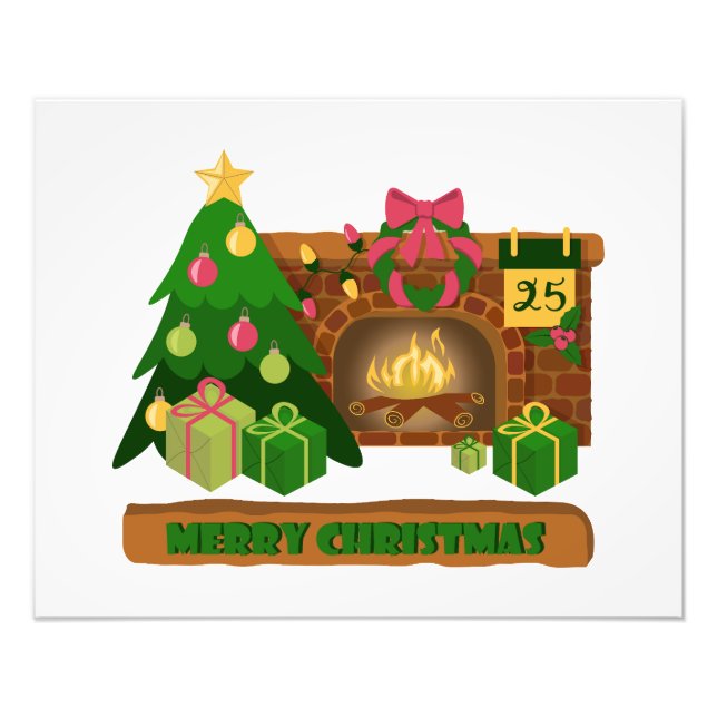 Merry Christmas near fireplace bonfire xmas tree Photo Print (Front)