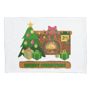 Merry Christmas near fireplace bonfire xmas tree Pillowcase