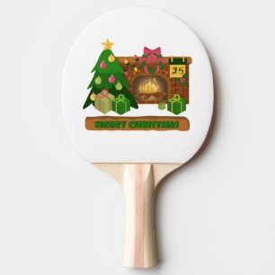 Merry Christmas near fireplace bonfire xmas tree Ping Pong Paddle