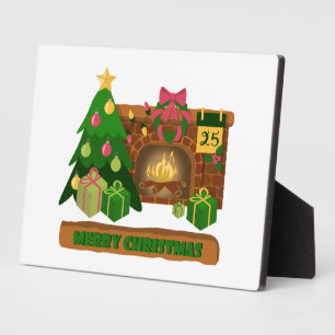 Merry Christmas near fireplace bonfire xmas tree Plaque