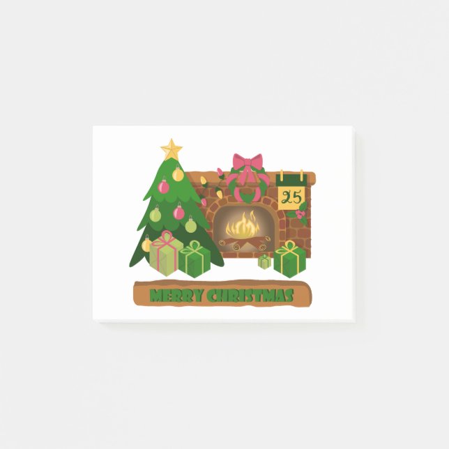 Merry Christmas near fireplace bonfire xmas tree Post-it Notes (Front)