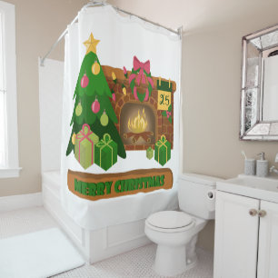 Merry Christmas near fireplace bonfire xmas tree Shower Curtain