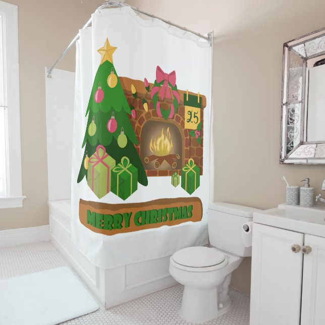 Merry Christmas near fireplace bonfire xmas tree Shower Curtain (In Situ)