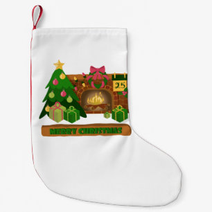 Merry Christmas near fireplace bonfire xmas tree Small Christmas Stocking