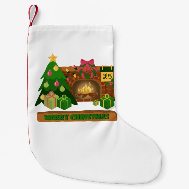 Merry Christmas near fireplace bonfire xmas tree Small Christmas Stocking (Front)