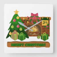 Merry Christmas near fireplace bonfire xmas tree