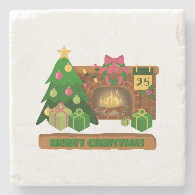Merry Christmas near fireplace bonfire xmas tree Stone Coaster (Front)