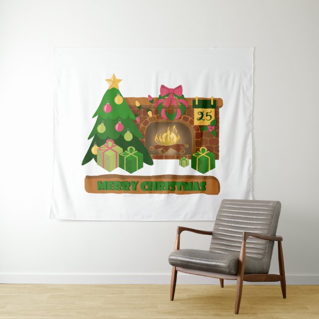 Merry Christmas near fireplace bonfire xmas tree Tapestry (In Situ (Horizontal))