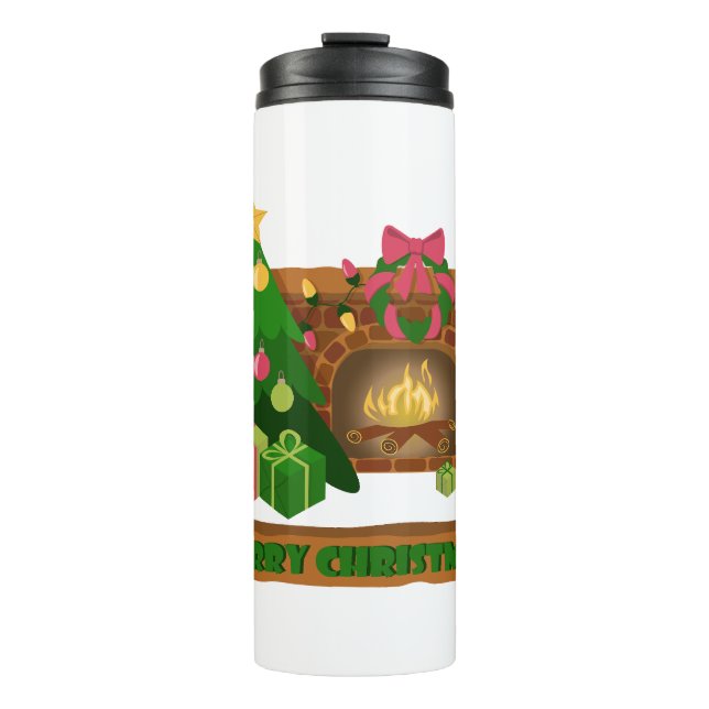Merry Christmas near fireplace bonfire xmas tree Thermal Tumbler (Front)