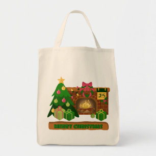 Merry Christmas near fireplace bonfire xmas tree Tote Bag