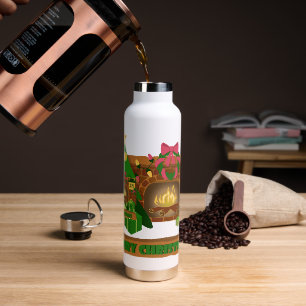 Merry Christmas near fireplace bonfire xmas tree Water Bottle