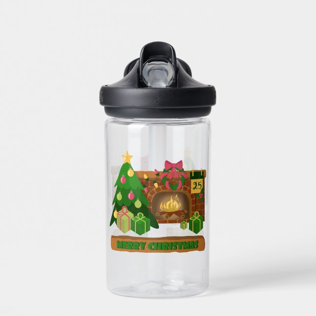 Merry Christmas near fireplace bonfire xmas tree Water Bottle (Front)