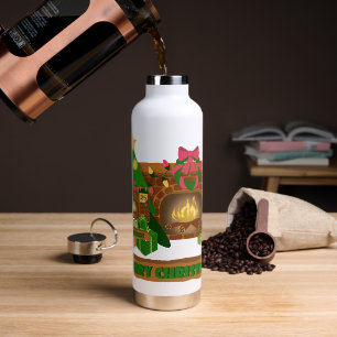Merry Christmas near fireplace bonfire xmas tree Water Bottle