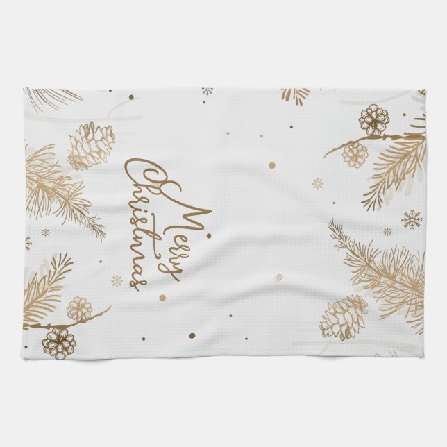 Merry Christmas Neutral Gold Design Kitchen Towel (Horizontal)