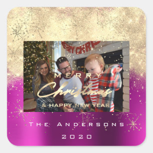 Merry Christmas New Faux Gold Glitter Photo Pink Square Sticker