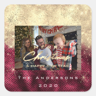 Merry Christmas New Gold Glitter Photo Beetroot Square Sticker