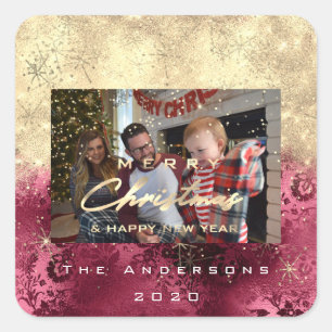 Merry Christmas New Gold Glitter Photo Bordeaux Square Sticker