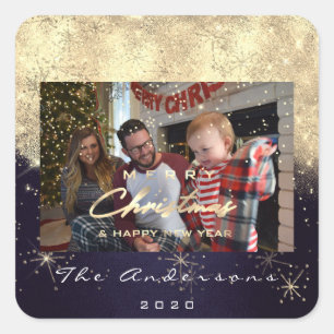 Merry Christmas New Gold Glitter Photo Navy1 Square Sticker