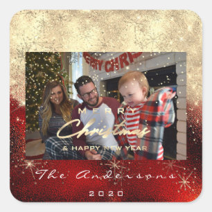 Merry Christmas New Gold Glitter Photo Red Black Square Sticker