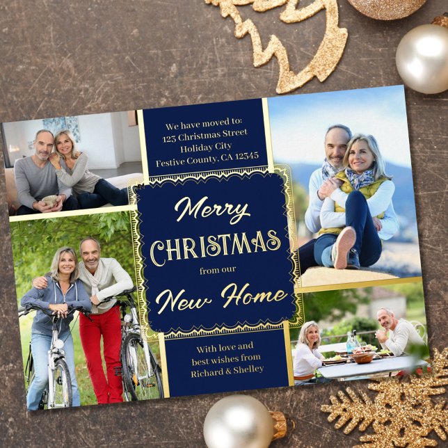 Merry Christmas New Home 4 Photo Blue and Gold Foil Holiday Card (Creator Uploaded)