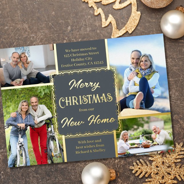 Merry Christmas New Home 4 Photo Grey and Gold Foil Holiday Card (Creator Uploaded)