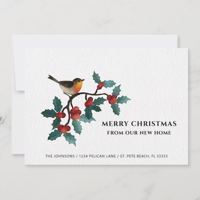Merry Christmas New Home Cute Bird Holly Berries Holiday Card (Front)