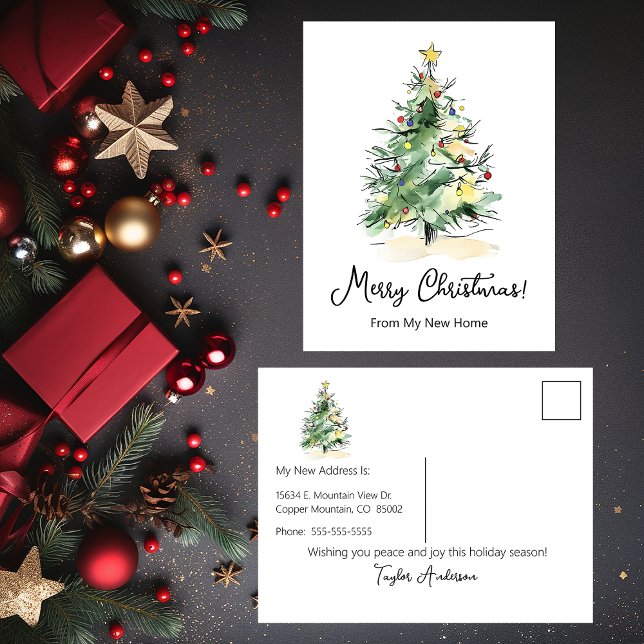 Merry Christmas New Home Modern Christmas Tree Announcement Postcard (Creator Uploaded)