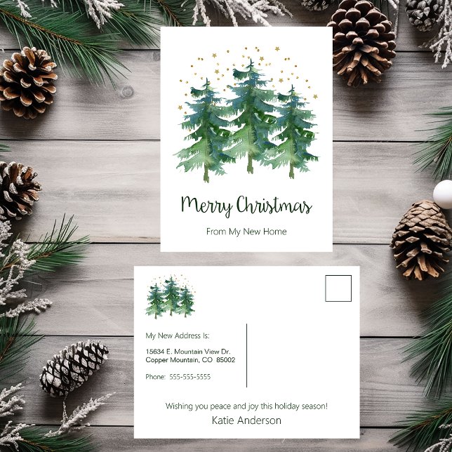 Merry Christmas New Home Pine Trees Announcement Postcard (Creator Uploaded)