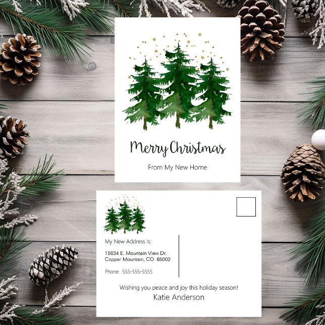 Merry Christmas New Home Pine Trees Announcement Postcard (Creator Uploaded)