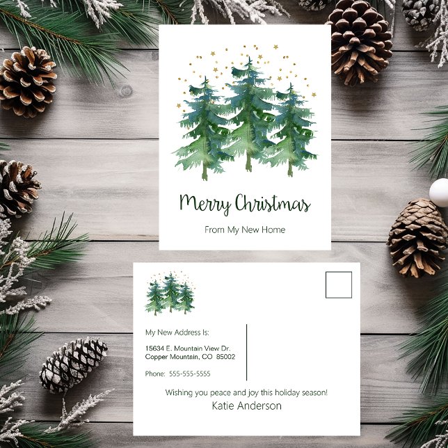 Merry Christmas New Home Pine Trees Announcement Postcard (Creator Uploaded)