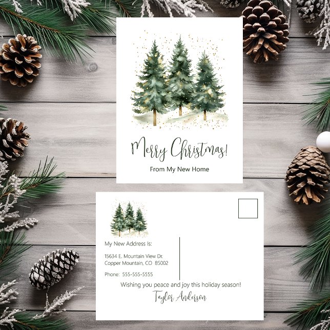 Merry Christmas New Home Pine Trees Announcement Postcard (Creator Uploaded)
