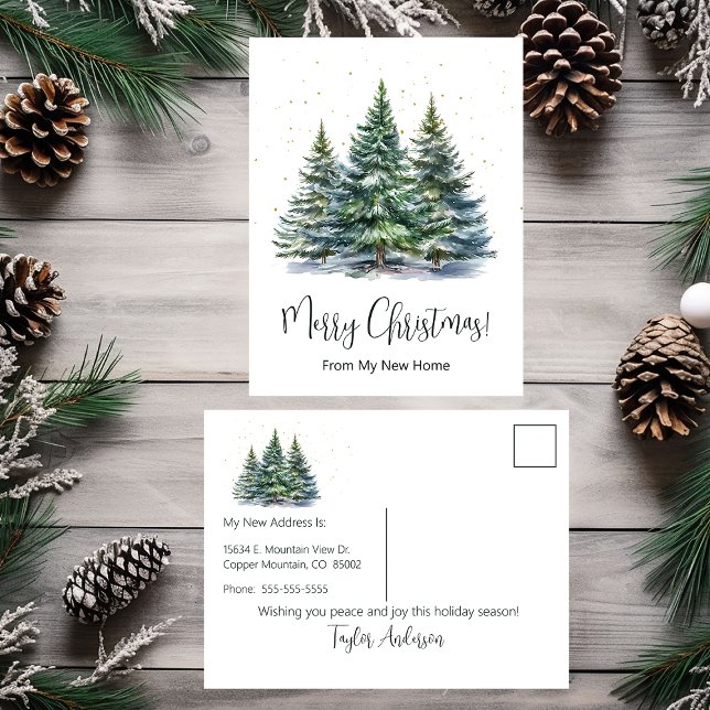 Merry Christmas New Home Pine Trees Announcement Postcard (Creator Uploaded)