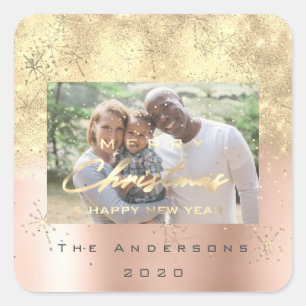 Merry Christmas New Sepia Gold Glitter Photo Blush Square Sticker