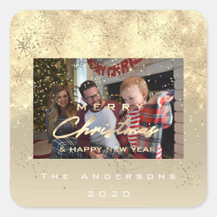 Merry Christmas New Sepia Gold Glitter Photo Ivory Square Sticker