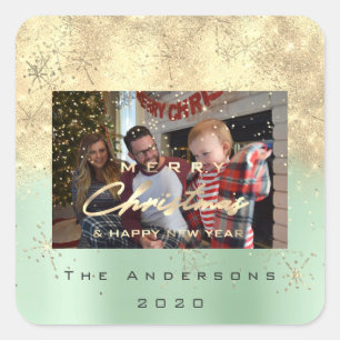 Merry Christmas New Sepia Gold Glitter Photo Mint Square Sticker