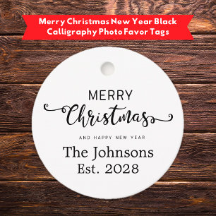 Merry Christmas New Year Black Calligraphy Photo Favour Tags