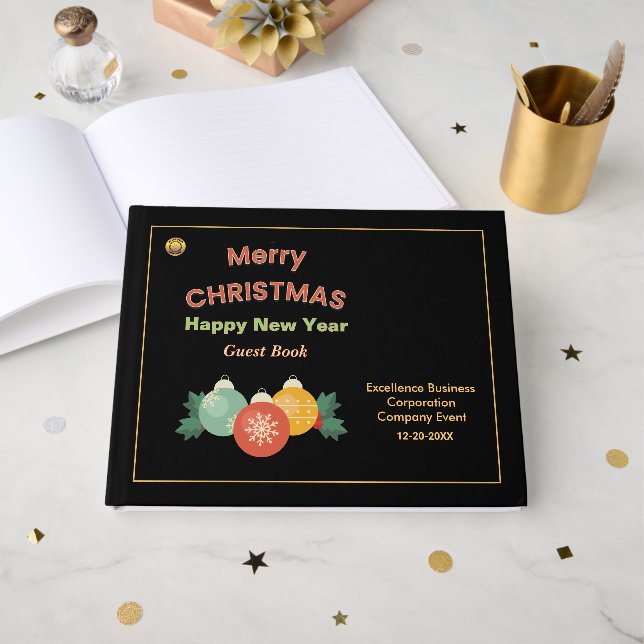 Merry Christmas New Year Business Logo Custom Guest Book (Front Open)