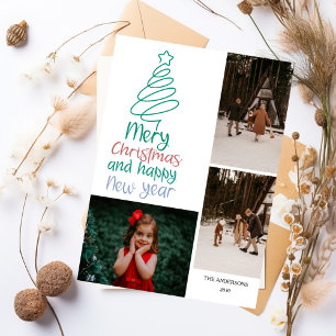 Merry Christmas New Year Colourful 3 Photo Collage Holiday Card