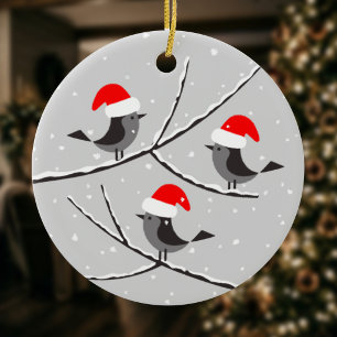 Merry Christmas New Year Cute Birds Santa Hat Ceramic Ornament