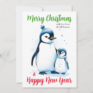 Merry Christmas New Year Cute Watercolor Penguins  Holiday Card