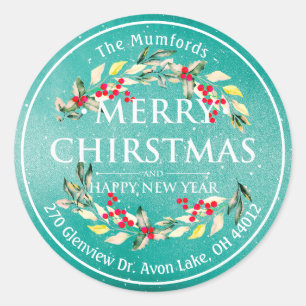 Merry Christmas New Year Floral Red Berry Address Classic Round Sticker