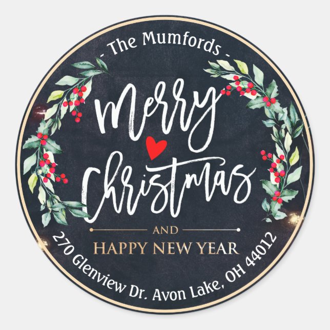Merry Christmas New Year Floral Red Berry Address Classic Round Sticker (Front)