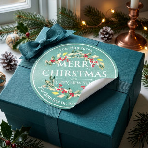 Merry Christmas New Year Floral Red Berry Address Classic Round Sticker