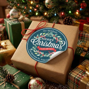 Merry Christmas New Year Floral Red Berry Address Classic Round Sticker