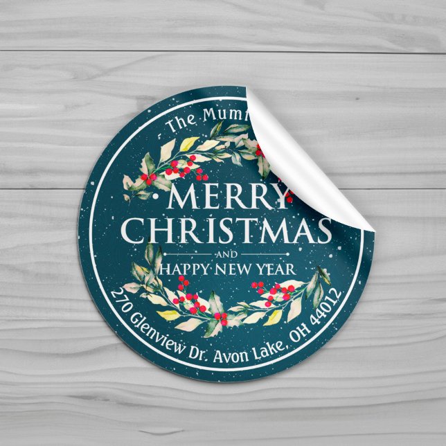 Merry Christmas New Year Floral Red Berry Address Classic Round Sticker (Creator Uploaded)