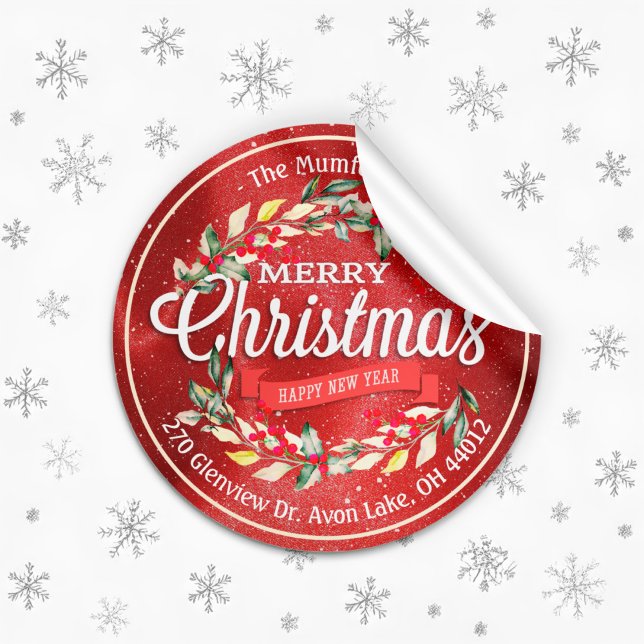 Merry Christmas New Year Floral Red Berry Address Classic Round Sticker (Creator Uploaded)